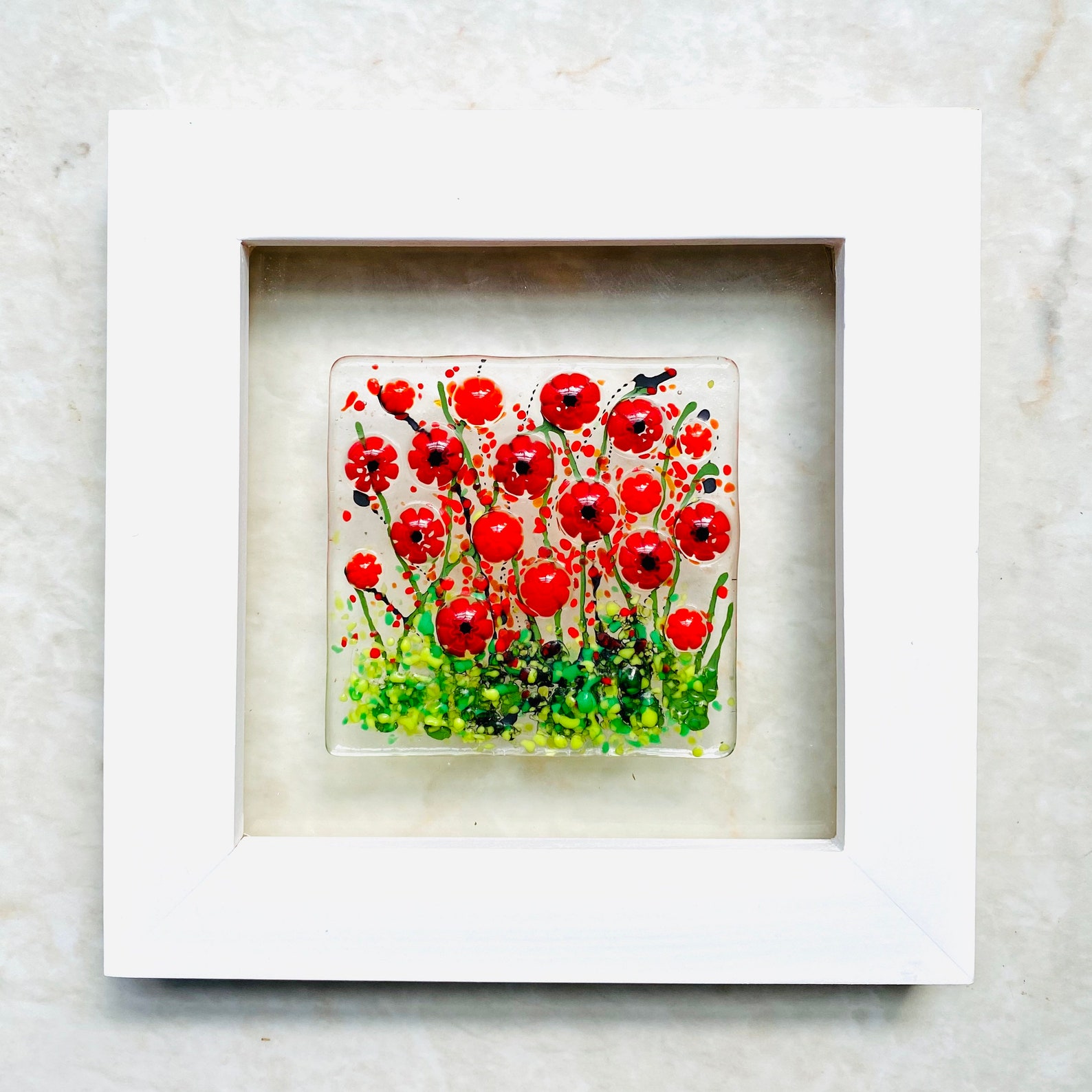 Red Poppy Fused Glass Art - White Framed Floral Wall Decor - Etsy