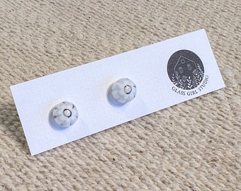 White Floral Studs, Simple White Earrings, Fused Glass Studs, Floral Post Earrings, White Studs