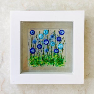 Floating Flowers Blue Flowers Glass Art, White Framed Floral Art, Cornflower Art, Contemporary Glass, Fused Glass Flowers