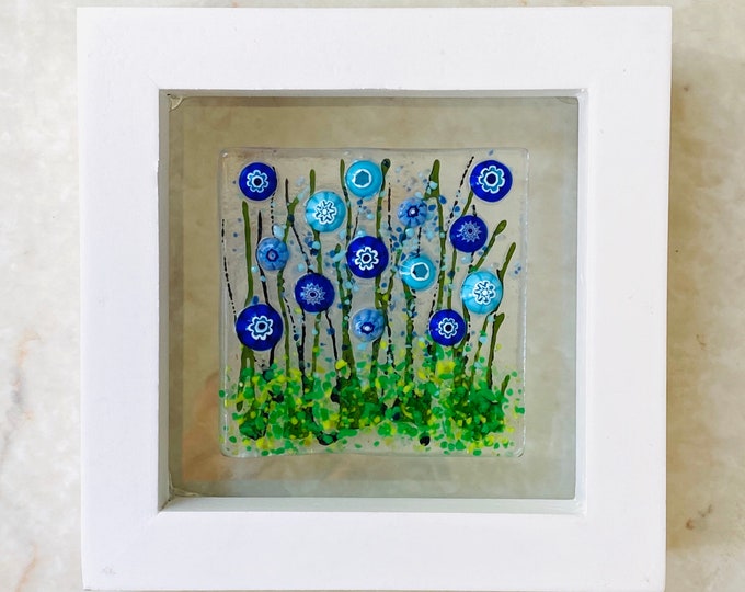 Floating Flowers Blue Flowers Glass Art White Framed Floral Etsy