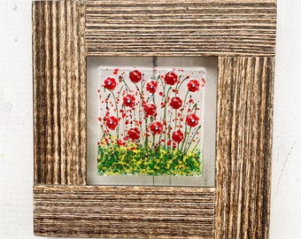 Rustic Floating Flowers Red Poppies Glass Art, Barn Wood Framed Floral Art, Poppy Art, Contemporary Glass