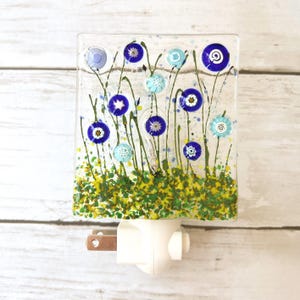 Blue Cornflower Night Light, Floral Glass Nightlight, Blue Flowers Glass Night Light, Fused Glass Floral Nightlight