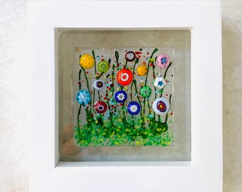 Floating Flowers Wildflower Glass Art, White Framed Floral Art, Happy Flowers Art, Contemporary Glass, Fused Glass Flowers