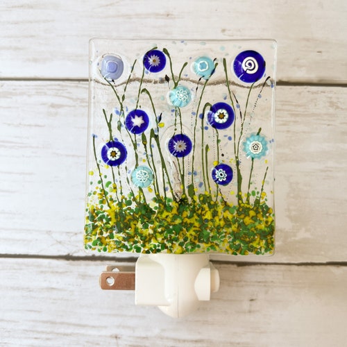 Fused Glass Night Light Blue Flowers Etsy