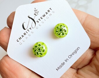 Lime Green Studs, Lime Earrings, Glass Studs, Floral Post Earrings