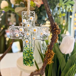 Flowers of Faith Ornament, Floral Cross Suncatcher, Daisy Flowers Glass Art, Fused Glass Cross, Gift for Mom