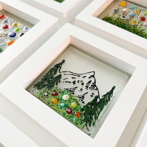 Framed Mountain Glass Art, Mt Hood Art, Fused Glass Floral Art, Mountains are Calling
