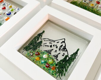 Framed Mountain Glass Art, Mt Hood Art, Fused Glass Floral Art, Mountains are Calling