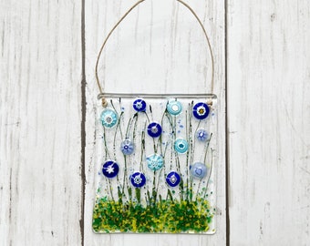 Floral Glass Suncatcher, Floral Glass Ornament, Blue Flowers, Fused Glass Flowers, Fused Glass Suncatcher