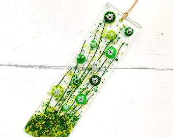 Skinny Green Flowers Glass Suncatcher, Floral Glass Ornament, Field of Flowers Glass Art, Fused Glass Flowers, Gift for Mom