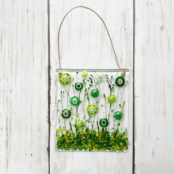 Green Fused Glass Flower Suncatcher, Colorful Window Hanging Floral Decor, Handmade Millefiori Glass Art Gift for Home or garden