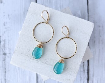 Gold and Glass Raindrop Hoop Earrings, Blue Teardrop Earring, Fused Glass Earrings, Aqua Blue Rain Jewelry