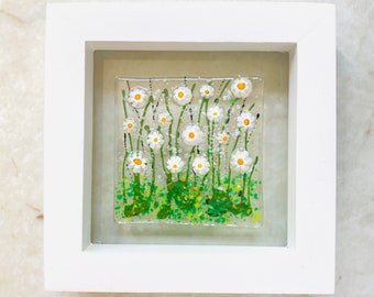 Floating Flowers White Daisies Glass Art, White Framed Floral Art, Daisy Art, Contemporary Glass, Fused Glass Daisies