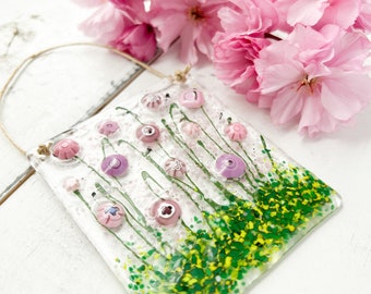 Pink Floral Glass Suncatcher, Floral Glass Ornament, Field of Flowers Glass Art, Fused Glass Flowers, Pink and Purple, Gift for Mom