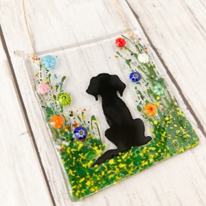 Dog Glass Suncatcher, Pet Memorial Gift, Floral Glass Ornament, Fused Glass Flowers, Pet Portait