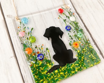 Fused Glass Dog Suncatcher: Floral Pet Memorial Ornament
