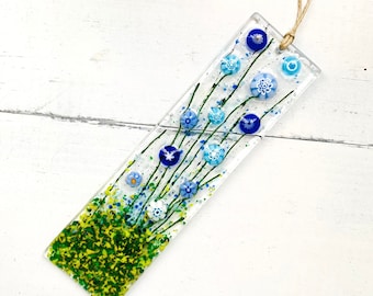 Skinny Cornflower Glass Suncatcher, Floral Glass Ornament, Field of Flowers Glass Art, Fused Glass Flowers, Gift for Mom