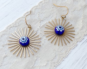 Blue floral sunburst earrings, Blue glass earrings, Fused glass brass earrings, sun earrings dangle, brass boho earrings