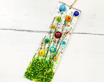 Skinny Wildflower Glass Suncatcher, Floral Glass Ornament, Field of Flowers Glass Art, Fused Glass Flowers, Gift for Mom