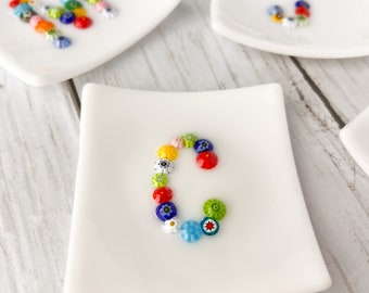 Initial Glass Ring Holder, Fused Glass Tray, Mosaic Glass dish, Millefiori Letter Tray