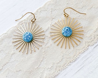 Turquoise floral sunburst earrings, turquoise glass earrings, Fused glass brass earrings, sun earrings dangle, brass boho earrings