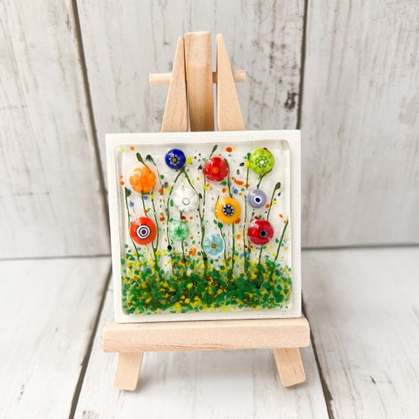 Miniature Wildflowers Art, Floral Glass Painting, Meadow Fused Glass Art, Flower Painting with Easel, Mini Flowers Art