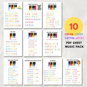 May include: A collection of ten color-coded letter notes PDF sheet music packs. Each sheet features a piano keyboard with color-coded keys and corresponding letter notes for popular children's songs. The title of each song is displayed at the top.