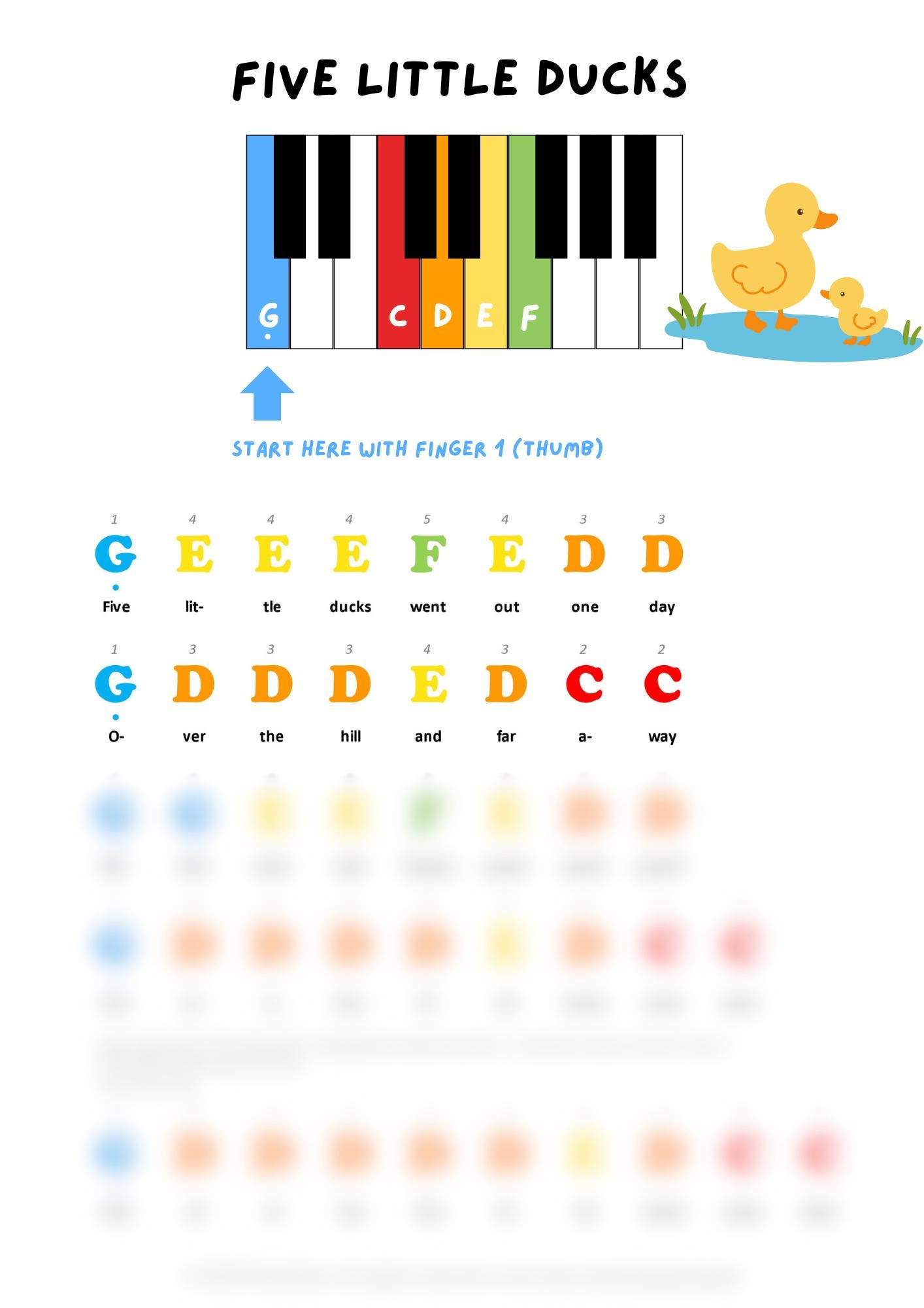 Five Little Ducks Piano Sheet Music: Color Coded Beginner Song