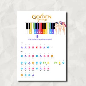 May include: A white printed sheet with a colorful piano keyboard diagram and musical notes. The text "GOLDEN HUNTRX" is at the top, with instructions and musical notation below. Three cartoon figures are on the right.