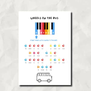 Noter för piano till Wheels On The Bus: Färgkodad, nybörjarvänlig (PDF-mönster)