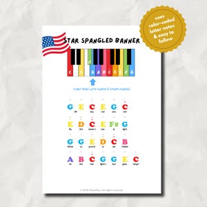 May include: A white sheet with the words "STAR SPANGLED BANNER" and a piano keyboard graphic. The sheet uses colour-coded letter notes to help learn the song. An American flag is in the upper left corner.