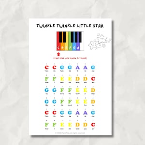Puede incluir: Una partitura blanca con la canción "Twinkle Twinkle Little Star". Presenta un teclado de piano colorido, notas musicales y la letra. La partitura está diseñada para principiantes que aprenden a tocar el piano.