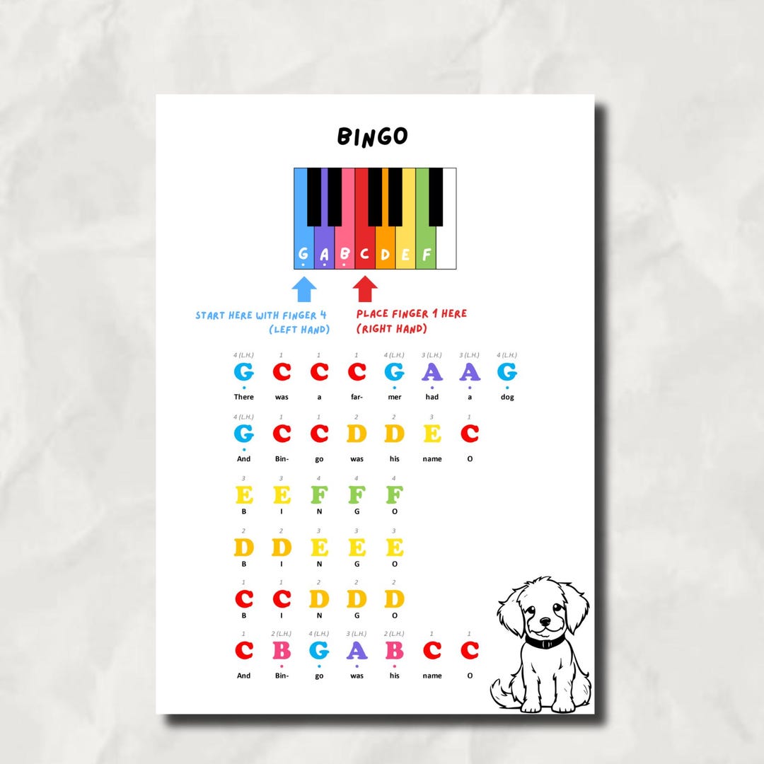 Bingo Piano Sheet Music: Color Coded Beginner Song (PDF) - Etsy
