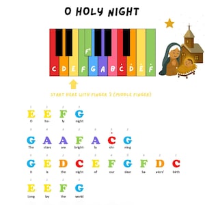 Puede incluir: Un diagrama de teclado de piano colorido con el texto "O Holy Night" y notas musicales. El diagrama incluye una escena de la natividad y una estrella. También se incluye el texto "Start here with finger 3 (middle finger)".