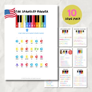 May include: A collection of piano sheet music, including a colorful guide to "Star Spangled Banner" with an American flag graphic. The set includes a "10 Song Pack" with various song arrangements, all with color-coded keys.