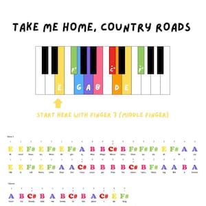 Take Me Home, Country Roads: Color Coded Piano Sheet Music (PDF Download)