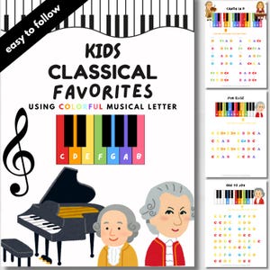 Könnte beinhalten: Ein farbenfrohes Lernposter für Kinder mit klassischen Musikfavoriten. Das Design umfasst ein Klavier, Noten und Illustrationen von Komponisten. Der Text lautet "KIDS CLASSICAL FAVORITES" und "USING COLORFUL MUSICAL LETTER".