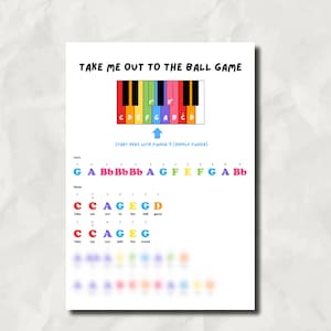 May include: A white sheet of paper with the text "TAKE ME OUT TO THE BALL GAME" in a handwritten font. A colorful piano keyboard diagram is above the text, with musical notes and finger numbers. The sheet also includes musical notation.