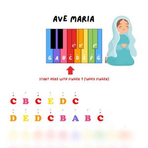 Può includere: Illustrazione colorata di una tastiera di pianoforte con la scritta "AVE MARIA" sopra. L'immagine include note musicali e numeri delle dita, con una freccia che indica il punto di partenza. Una figura di cartone animato di una donna in abito blu è a destra.