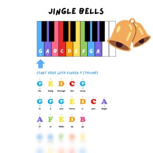 Jingle Bells - Arreglo infantil sencillo / Canción navideña fácil para piano / Partitura para piano para niños y principiantes / Notas con letras de colores