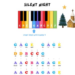 May include: A colourful piano keyboard diagram with the words "Silent Night" at the top. The diagram shows the notes and finger numbers for the song, with illustrations of a church, a star, and a Christmas tree.