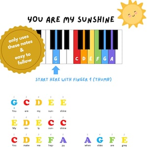 Puede incluir: Un teclado de piano colorido con las notas G, C, D, E, F, G y A etiquetadas. Las notas se resaltan en diferentes colores, y el texto "You Are My Sunshine" está escrito sobre el teclado. La letra de la canción está escrita debajo del teclado, con cada nota correspondiente a una palabra de la letra.