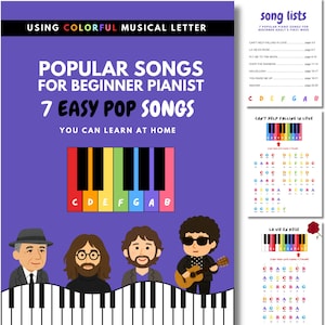 Puede incluir: Una guía de aprendizaje musical morada titulada "Popular Songs for Beginner Pianist" con teclas de piano coloridas y ejemplos de canciones. Incluye ilustraciones de músicos famosos y listas de canciones.