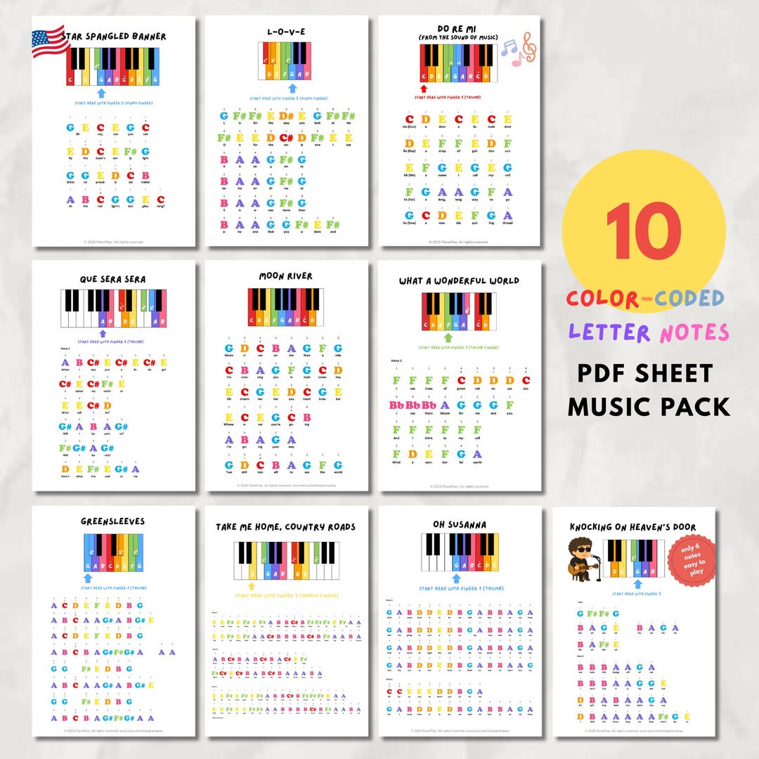 10 Color-coded Sheet Music Pack: Color Coded Letter Notes, Notes Name ...