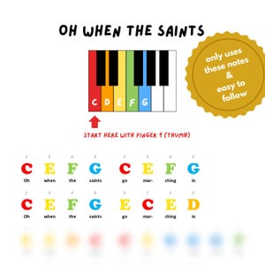 Pode incluir: Um teclado de piano colorido com as letras C, D, E, F e G etiquetadas em cada tecla. O texto "OH WHEN THE SAINTS" está no topo da imagem. O texto "START HERE WITH FINGER 1 (THUMB)" está abaixo do teclado. O texto "only uses these notes & easy to follow" está em um círculo dourado.
