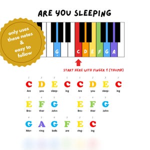 Frère Jacques (¿Estás durmiendo?) - Partitura con código de colores y letra musical / Apto para principiantes/niños/Montessori/Educación en casa