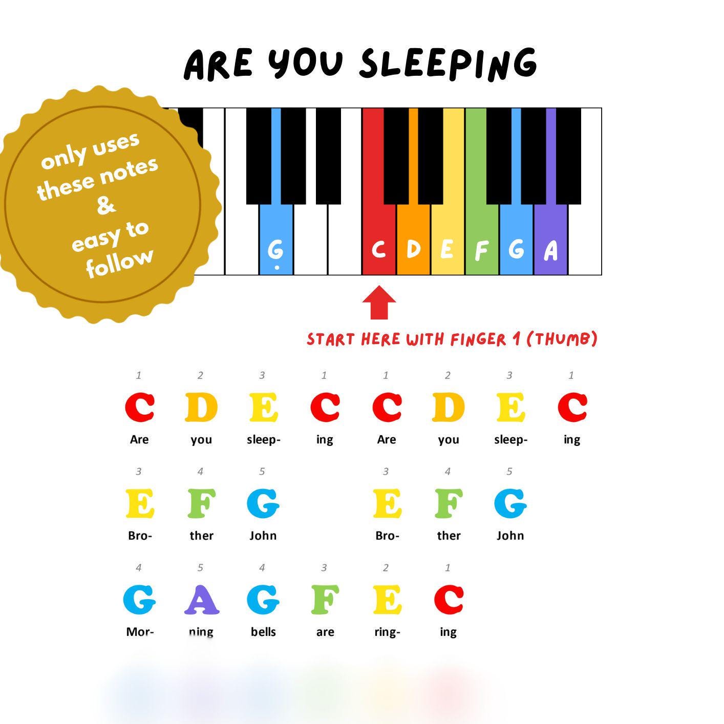 Frère Jacques (¿Estás durmiendo?) - Partitura con código de colores y letra musical / Apto para principiantes/niños/Montessori/Educación en casa