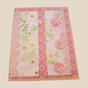 Handmade Pink Happy Birthday Card | Elegant 3D Floral Design with Glitter and Gold Accents | Feminine Greeting Card