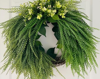 Beaded Grass Wreath, Button Fern Wreath, Front Door Decor, 22"