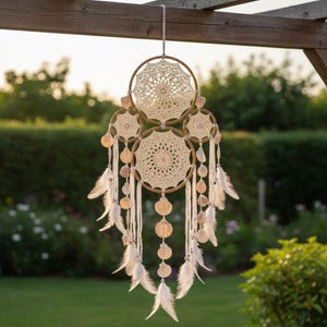 May include: A hanging dream catcher featuring three circular wooden hoops with intricate cream-colored crochet webbing. The design is adorned with multiple hanging white feathers and natural seashells attached to long white cotton strings.